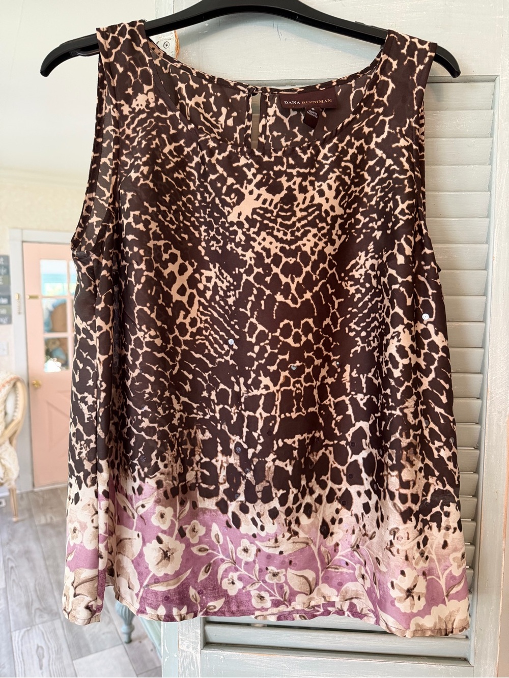 Dana Buchman Brown and Cream Printed Sleeveless Blouse with Pink Border